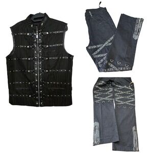Vintage Goth Men's Studded Vest‎ & D Ring Pants 2 Pc Set Sz L READ DESC